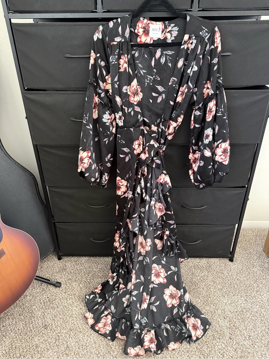 Misa Los Angeles Dresses & Skirts - Misa Los Angeles Black Floral Wrap Maxi Dress with Pink Blossoms